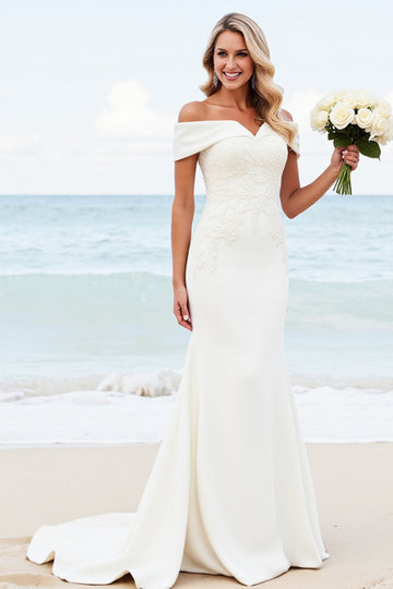 Chic Ivory Off the Shoulder Mermaid Wedding Dress with Lace Appliques